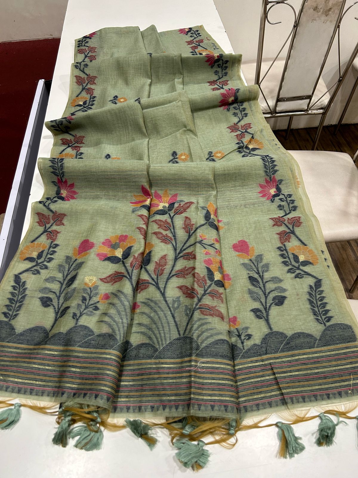 Premium Soft Muga Cotton Mehendi Saree