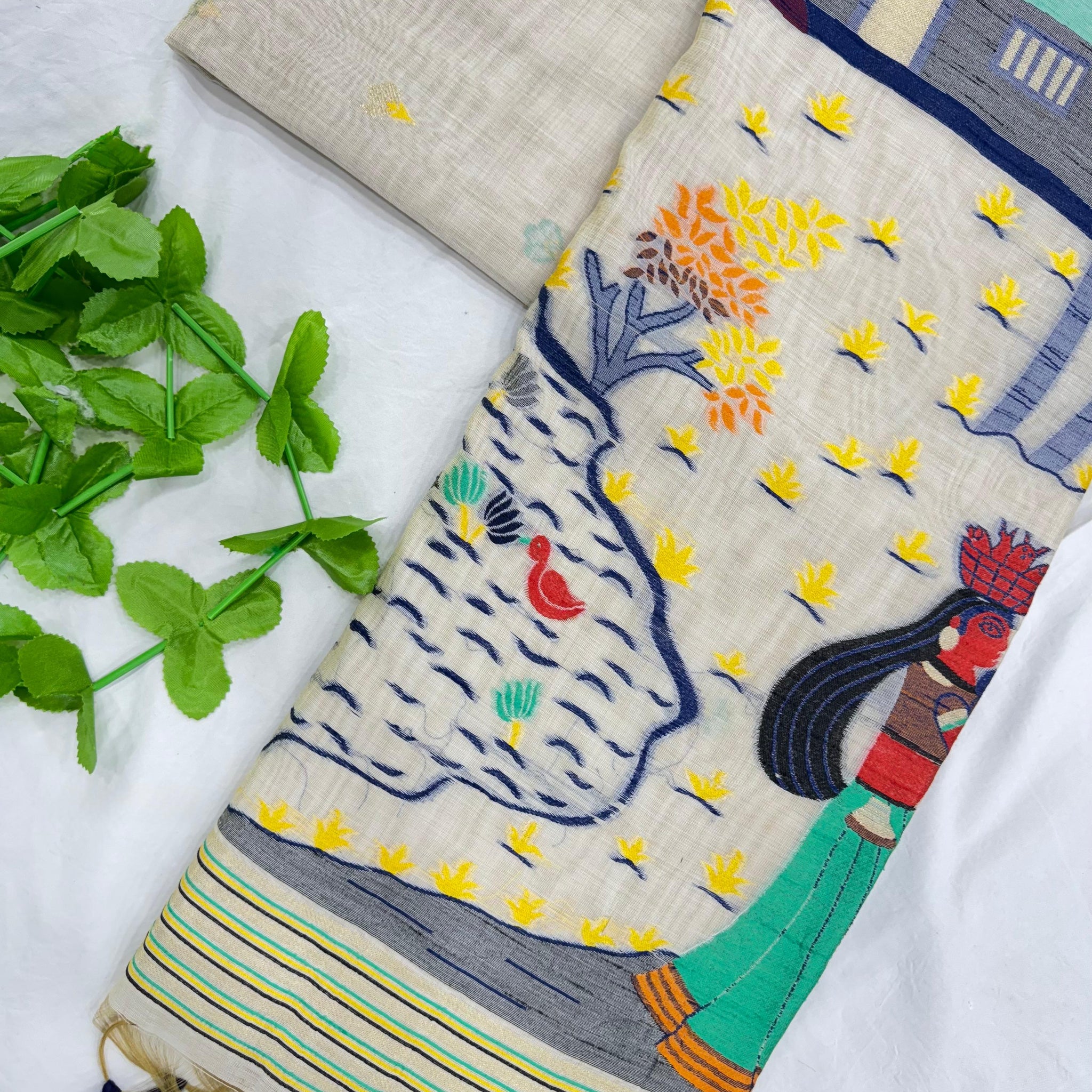 Premium Soft Muga Cotton Offwhite Saree