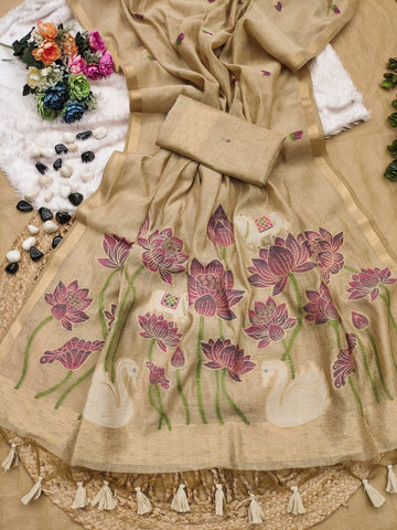 Premium Soft Muga Cotton Brown Saree