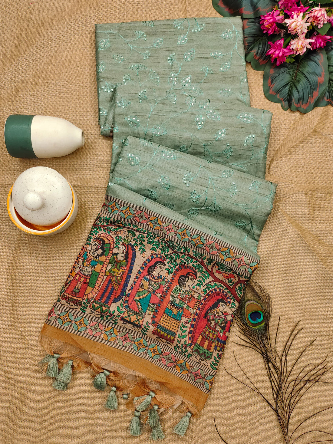 Premium Tussar Silk Bottle Green Saree