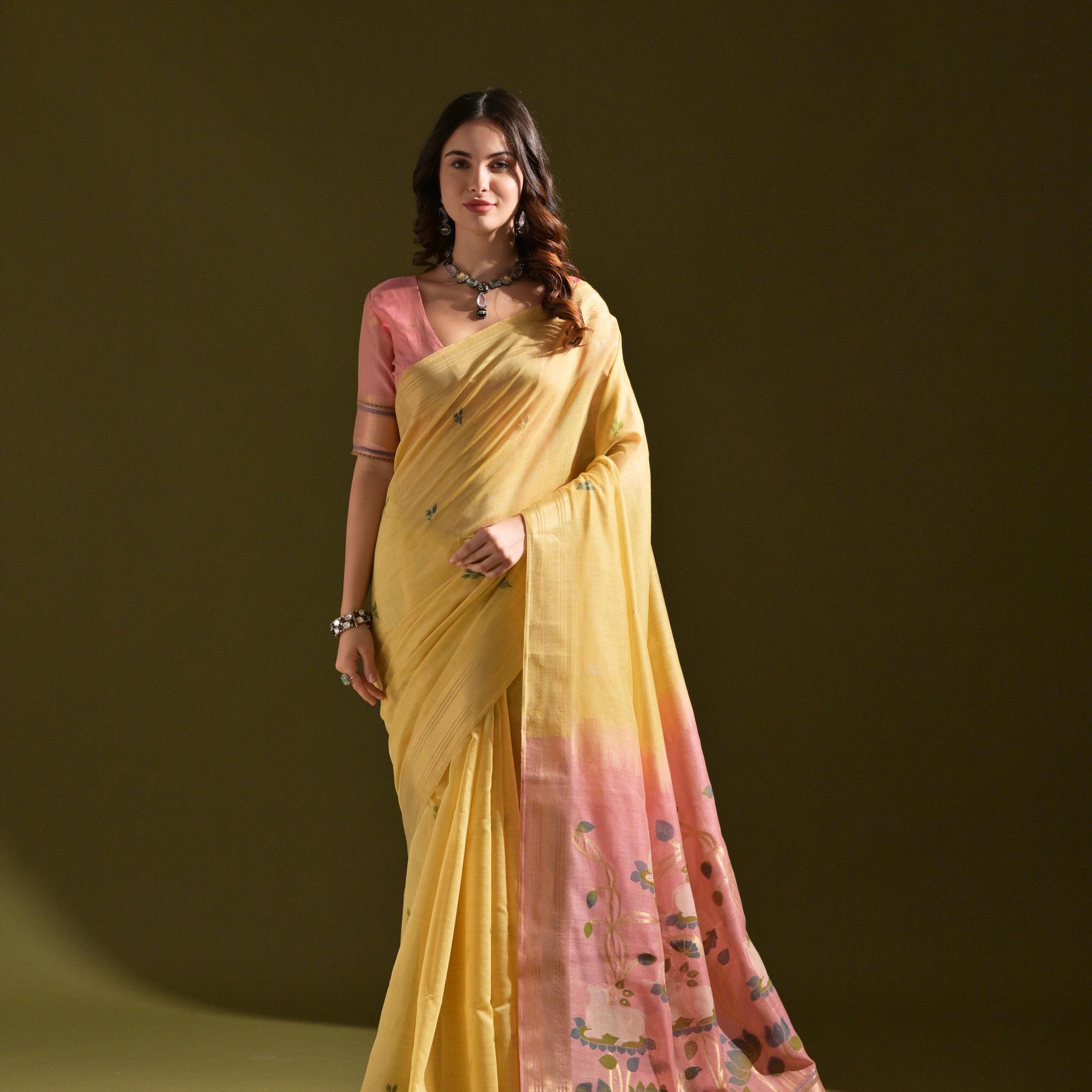 Premium Soft Muga Cotton Light Yellow Saree With Blouse Piece For Women