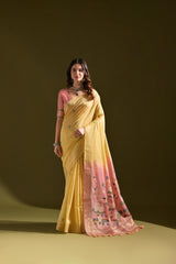 Premium Soft Muga Cotton Light Yellow Saree With Blouse Piece For Women