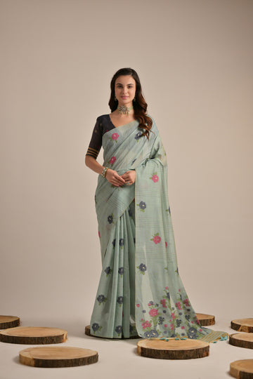 Premium Soft Muga Cotton Light C Green Saree