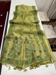Premium Soft Muga Cotton Mehendi Green Saree