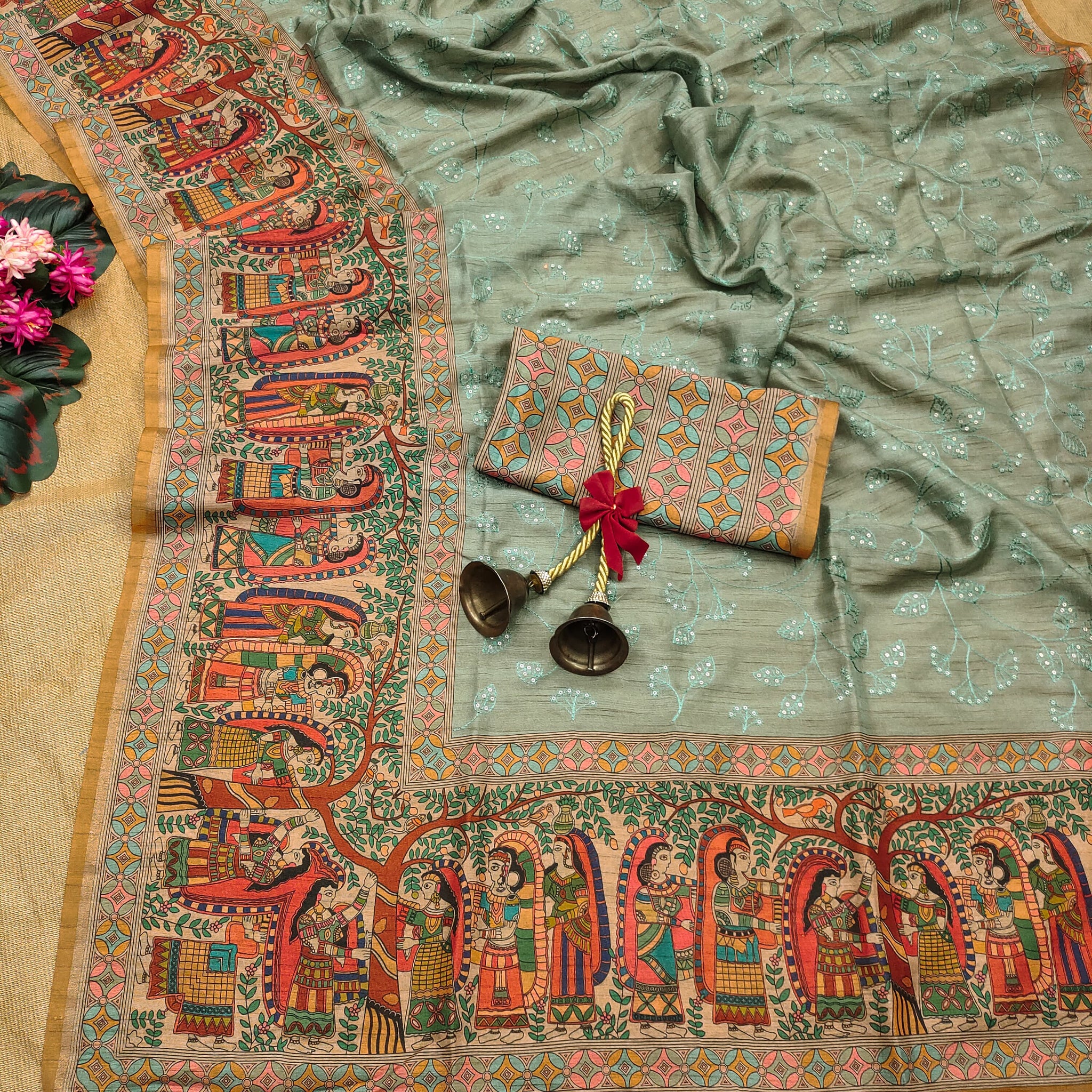 Premium Tussar Silk Bottle Green Saree