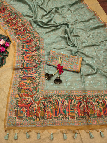 Premium Tussar Silk Bottle Green Saree