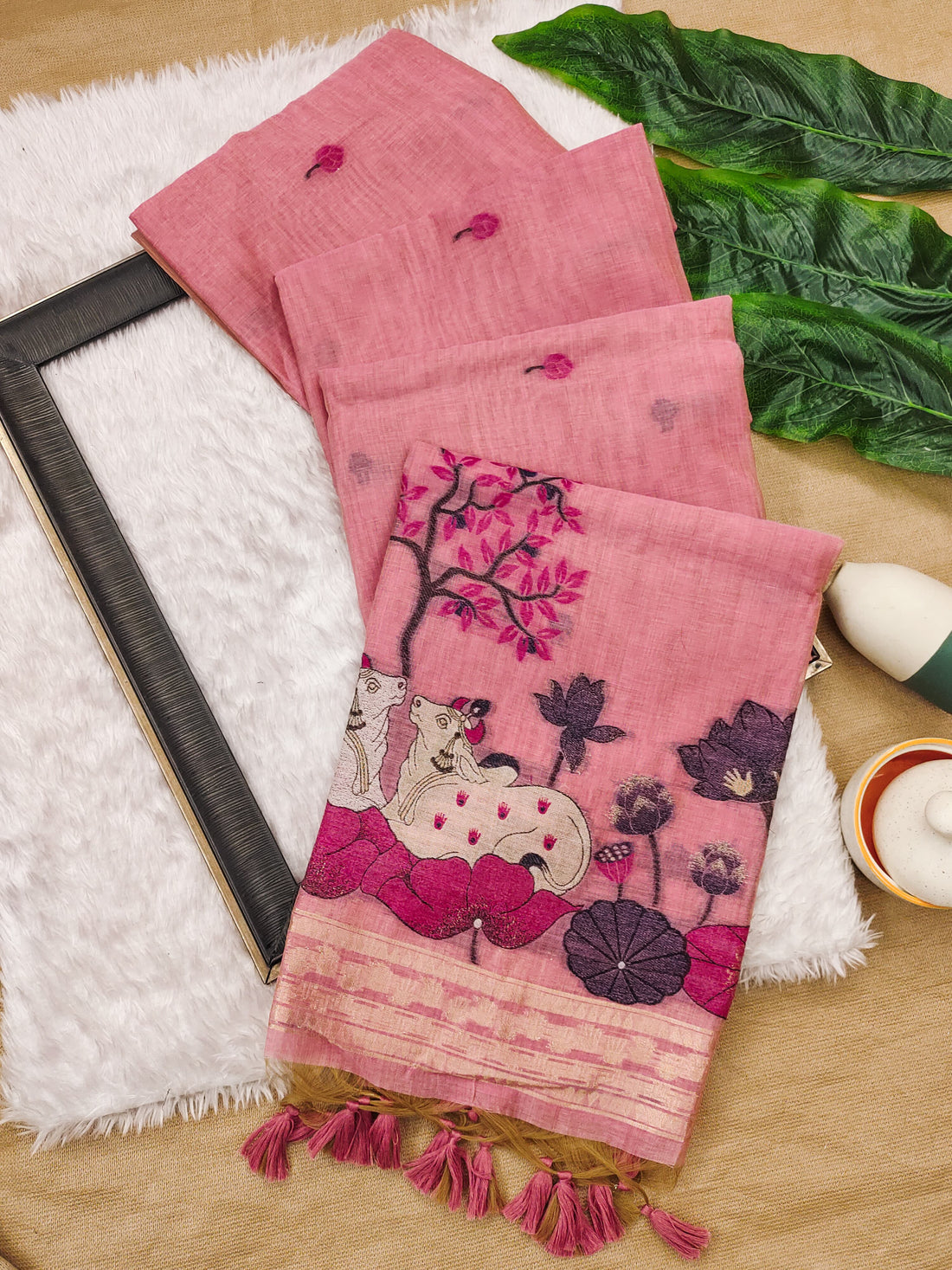 Premium Soft Muga Cotton Pink Saree