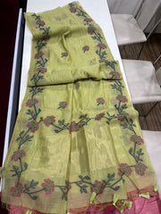 Premium Soft Muga Silk Parrot Green Saree With Cherry Red Blouse Piece