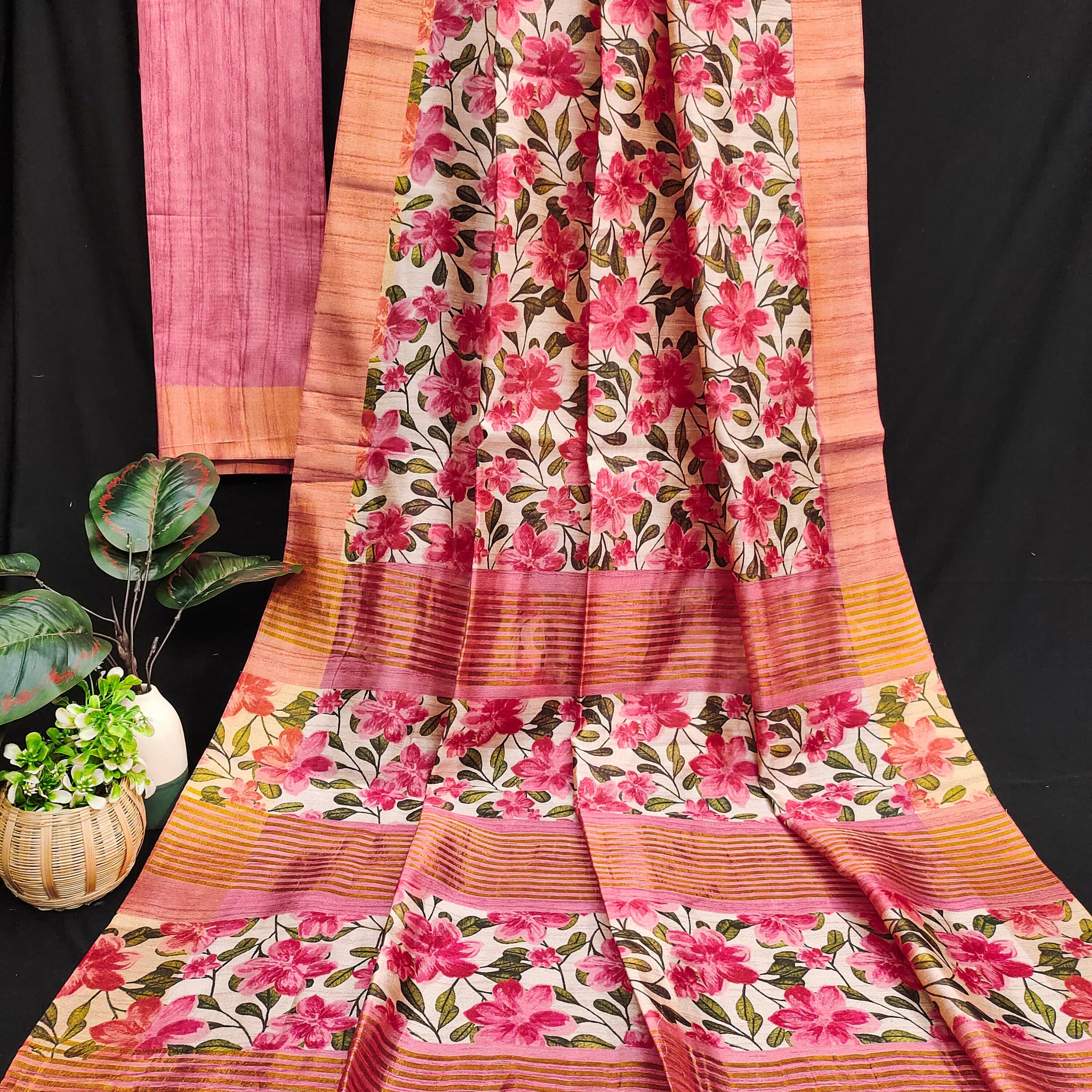 Premium Soft Desi Tussar Silk Pink Orange Saree