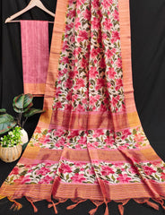 Premium Soft Desi Tussar Silk Pink Orange Saree