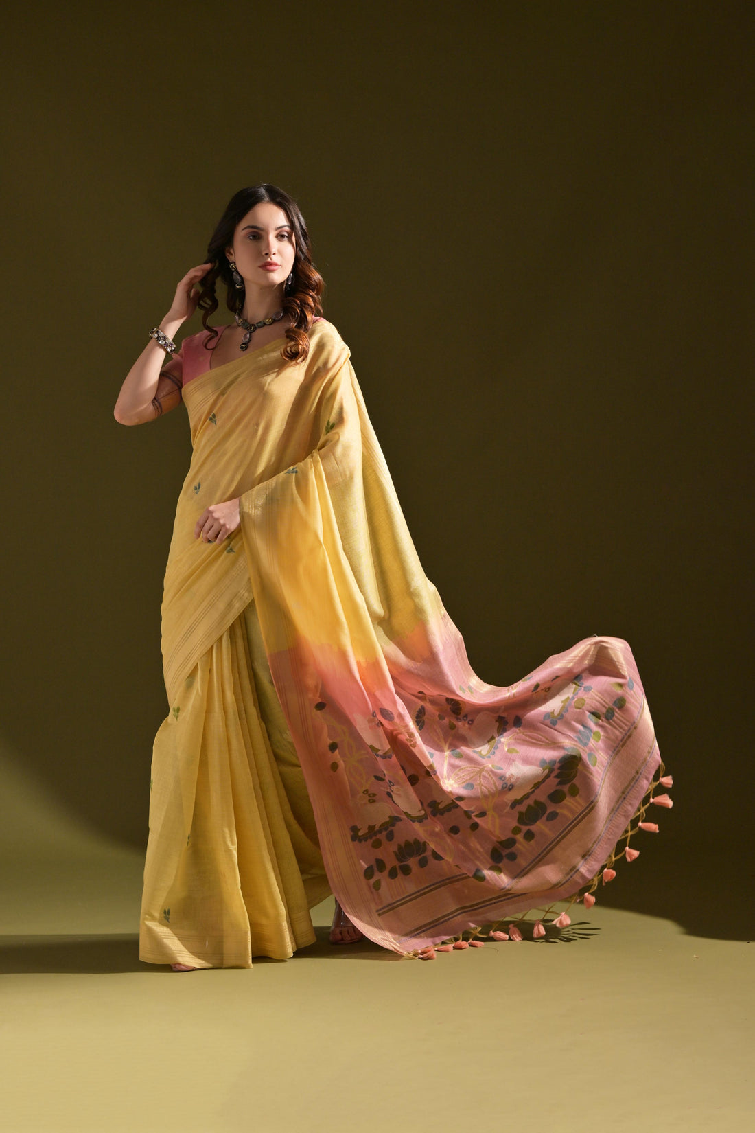 Premium Soft Muga Cotton Light Yellow Saree With Blouse Piece For Women