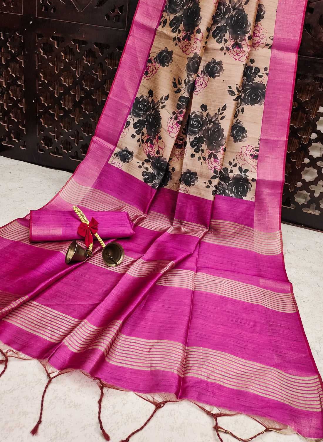 Premium Soft Desi Tussar Silk Pink Saree