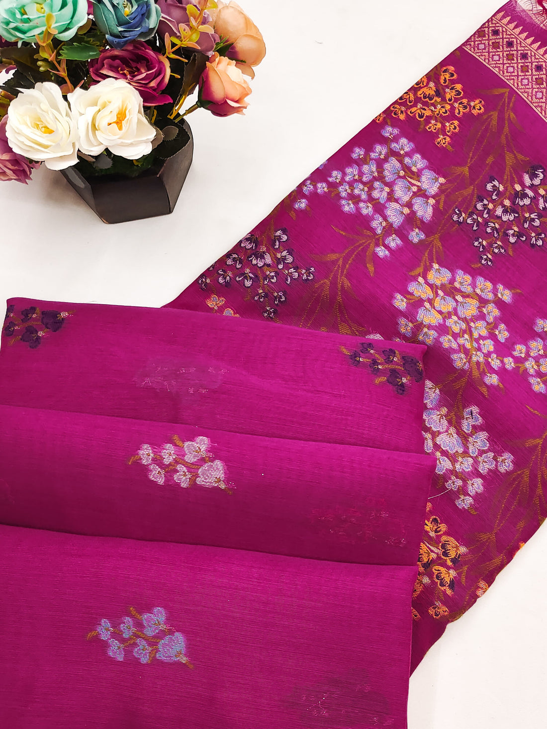 Premium Soft Muga Cotton Pink Saree