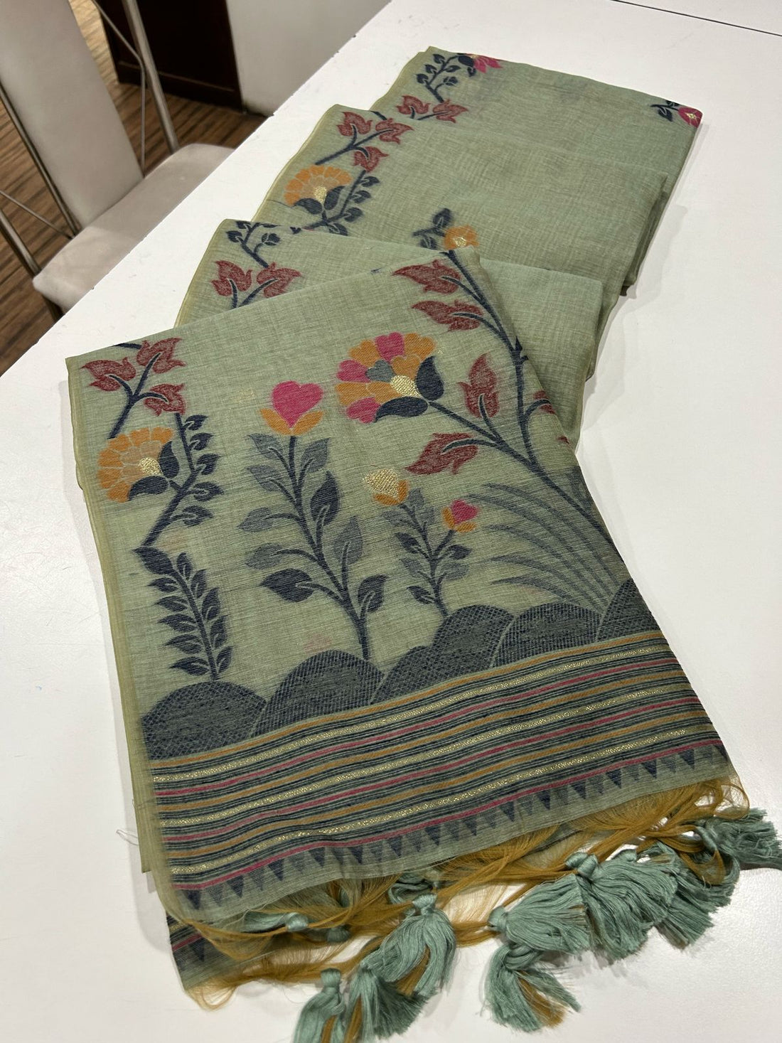Premium Soft Muga Cotton Mehendi Saree