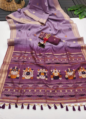 Premium Soft Muga Cotton Soft Purpule Saree - Wine Pallu