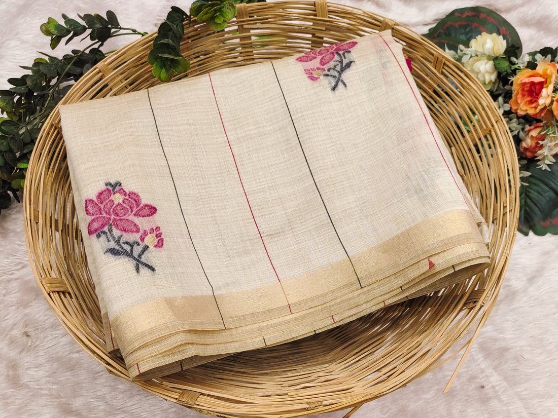 Premium Soft Muga Cotton Offwhite-maroon Saree