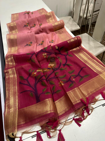 Premium Soft Muga Cotton Pink Saree
