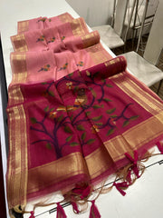 Premium Soft Muga Cotton Pink Saree