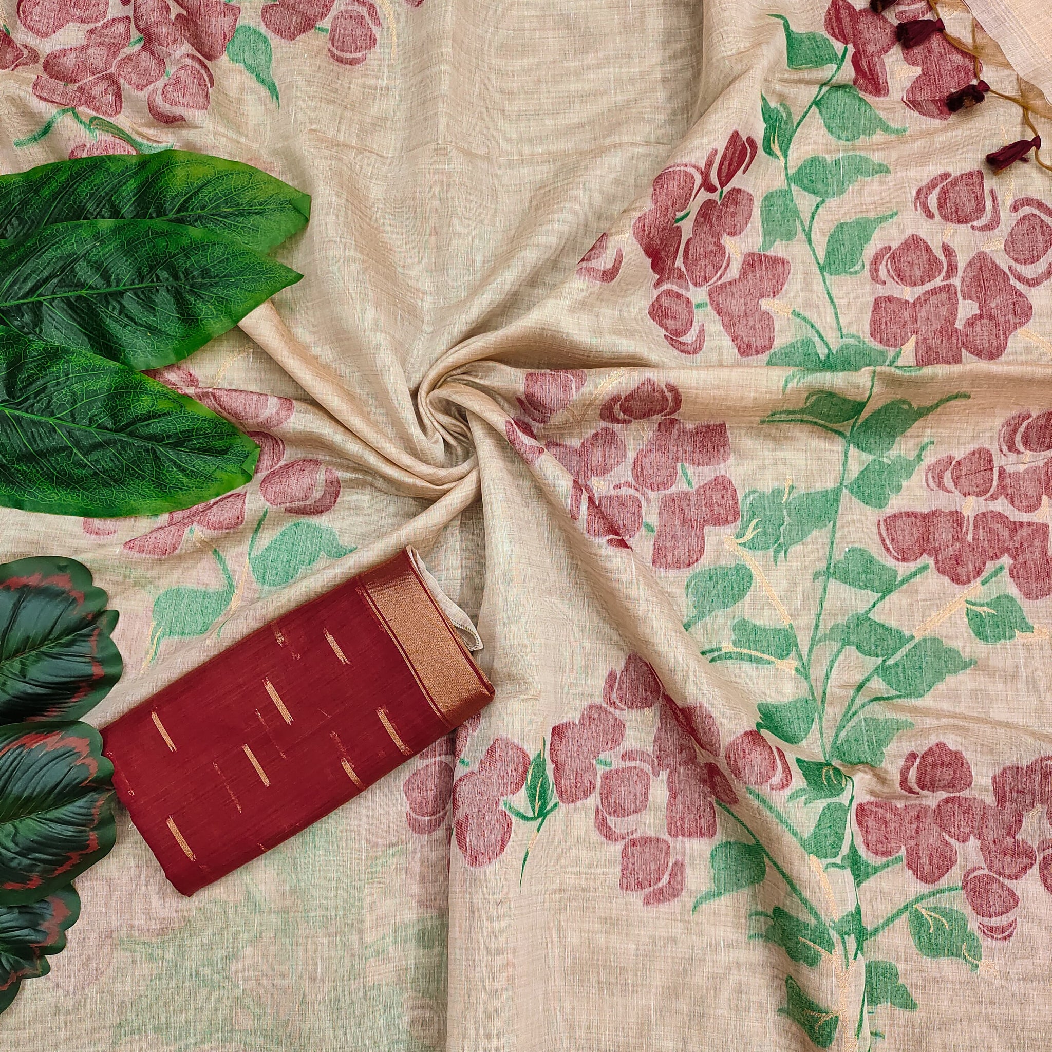 Premium Soft Muga Cotton Offwhite-maroon Saree