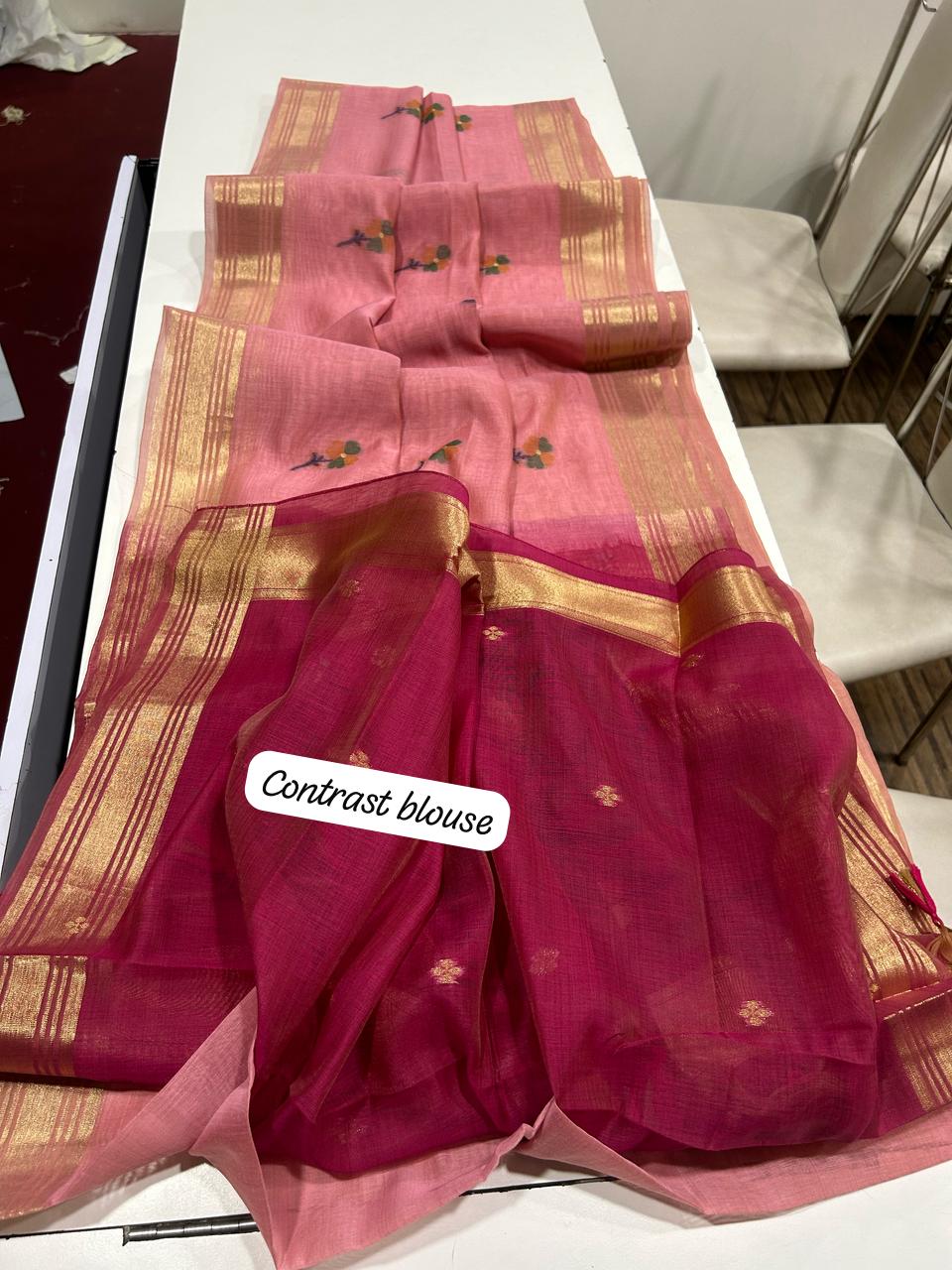 Premium Soft Muga Cotton Pink Saree