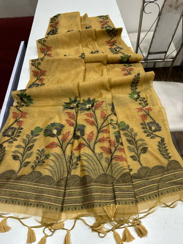 Premium Soft Muga Cotton Yellow Saree
