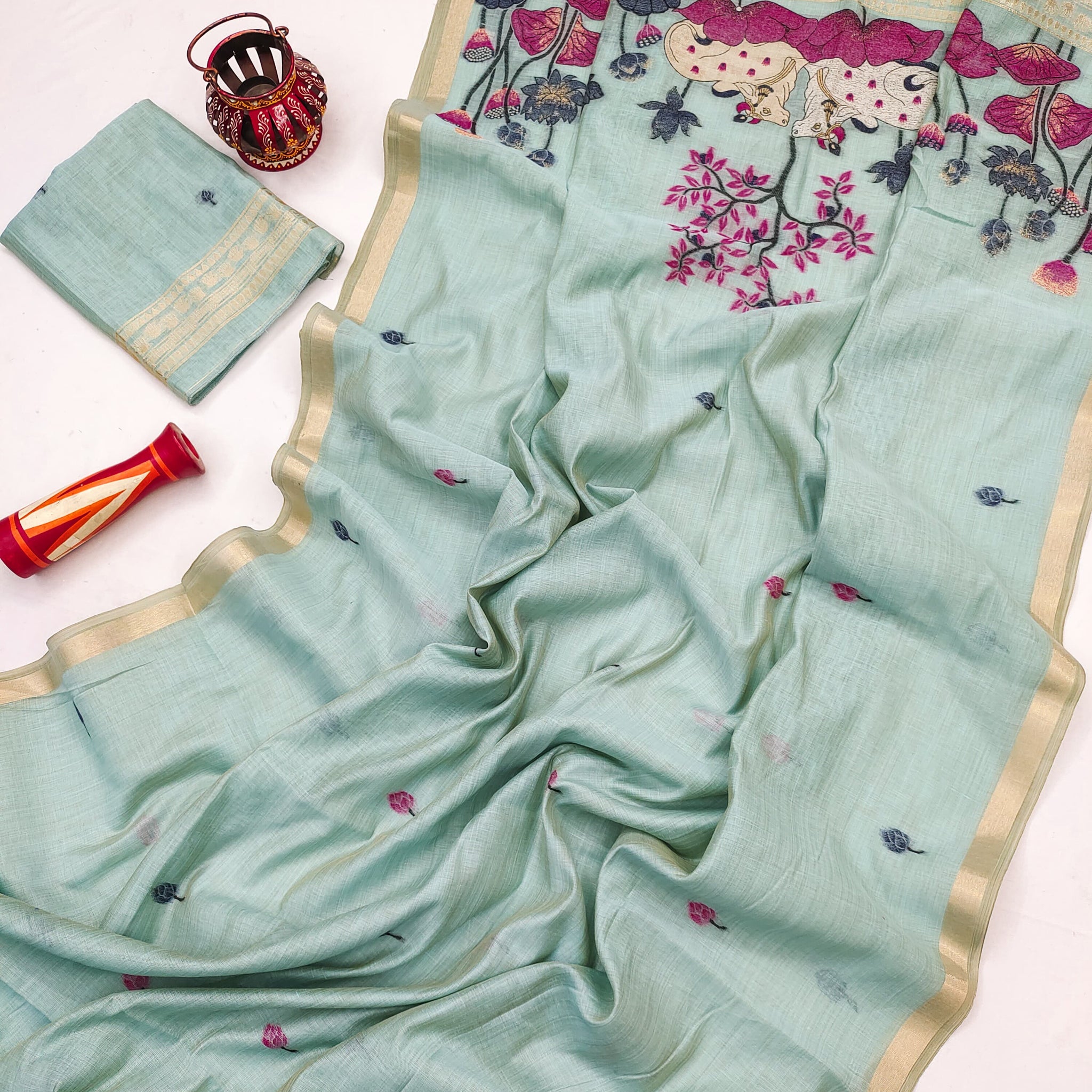 Premium Soft Muga Cotton Sky Blue Saree