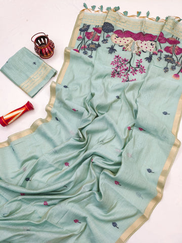 Premium Soft Muga Cotton Sky Blue Saree