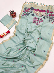 Premium Soft Muga Cotton Sky Blue Saree