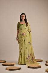 Premium Soft Muga Cotton Green Saree