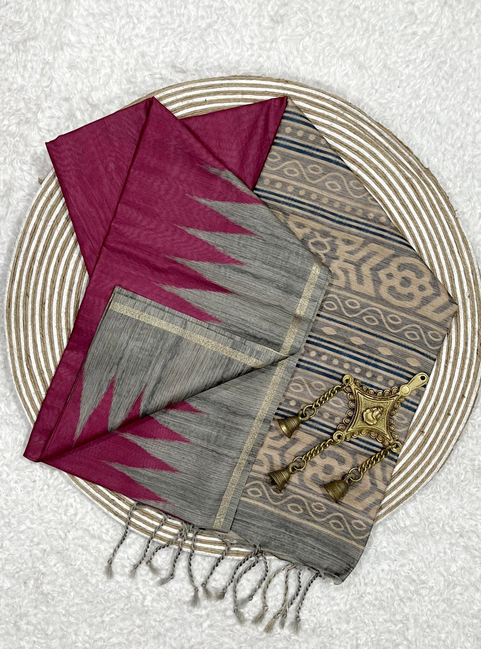 Soft Tussar Silk Maroon Saree - Sky Blue Pallu