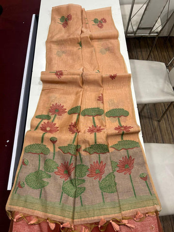 Premium Soft Muga Silk Peach Saree