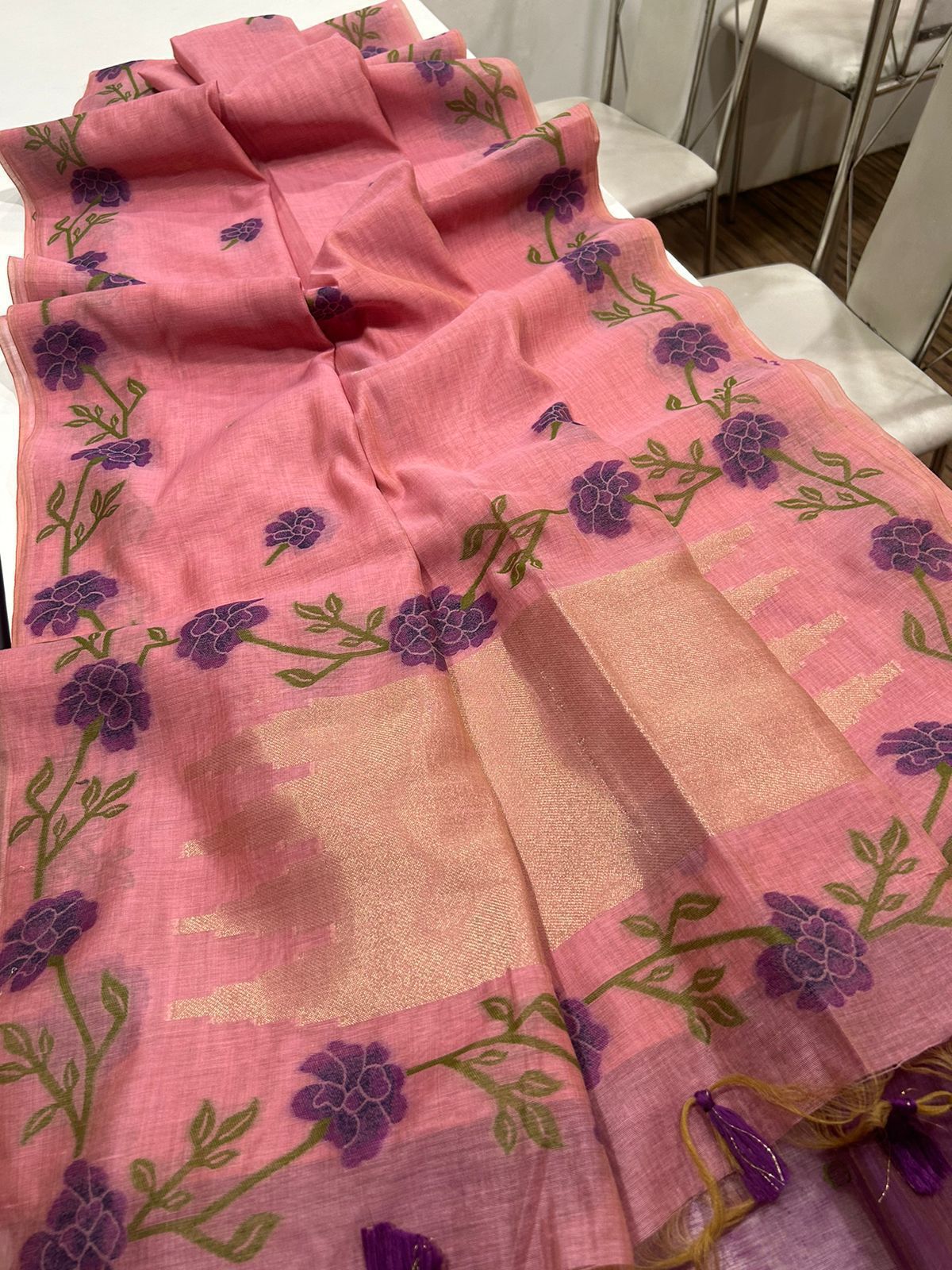 Premium Soft Muga Silk Rose Saree With Blouse Piece