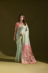 Premium Soft Muga Cotton Light Pista Saree