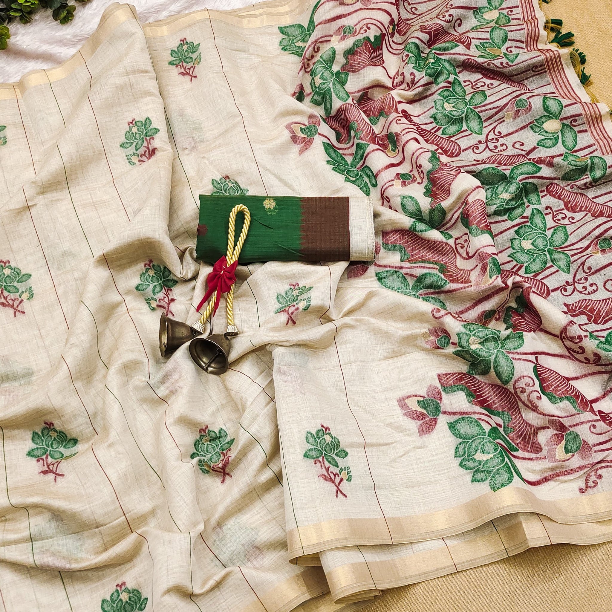 Premium Soft Muga Cotton Offwhite=green Saree