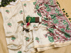 Premium Soft Muga Cotton Offwhite=green Saree