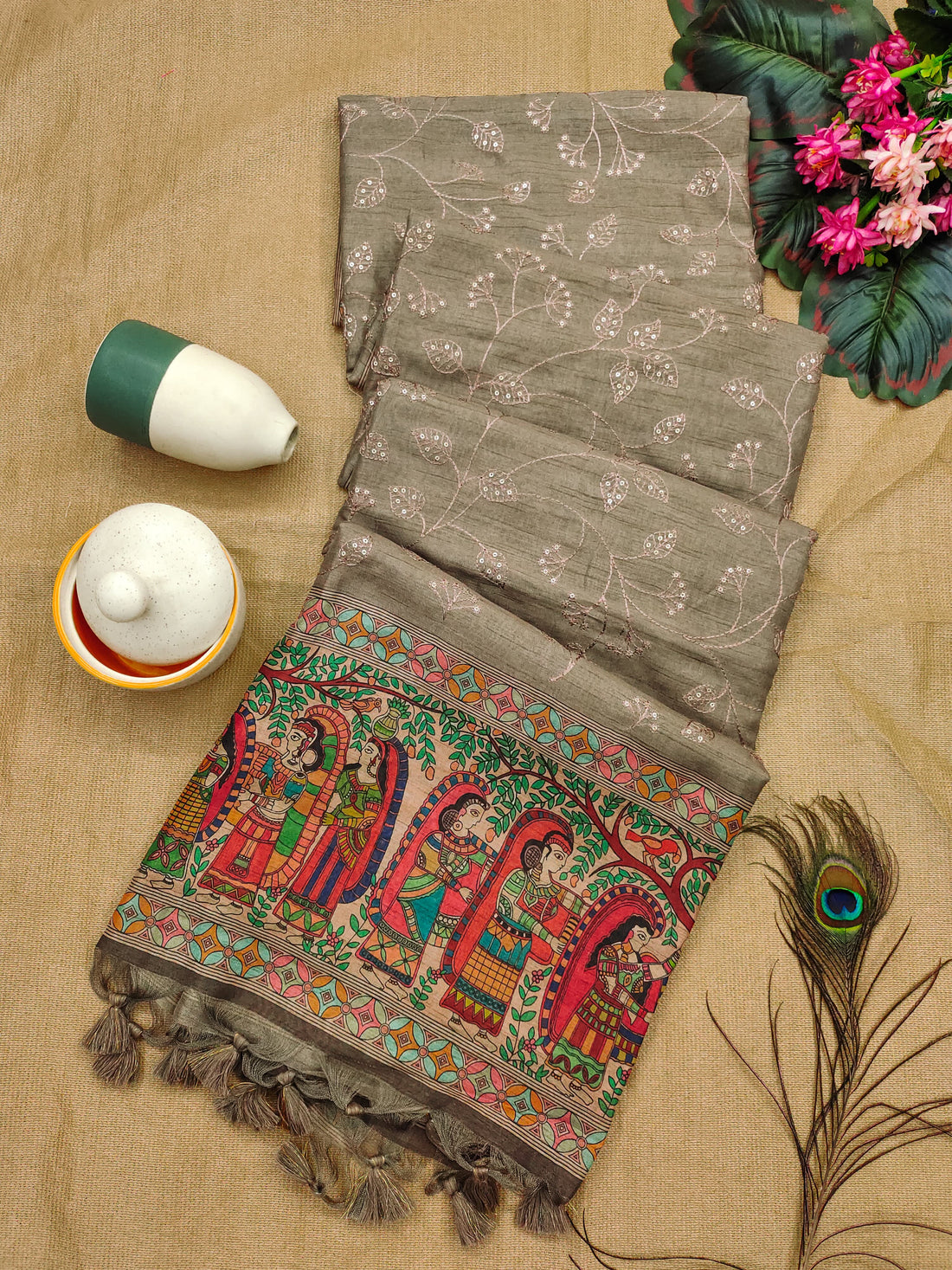 Premium Tussar Silk Dark Grey Saree