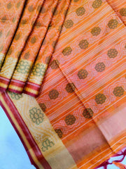 Soft Pure Rajkoti Ikkat Silk Orange Saree