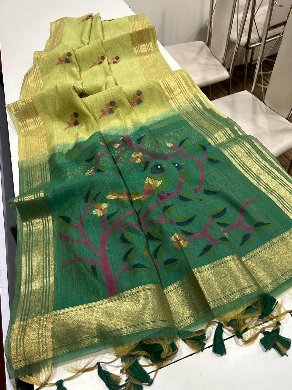 Premium Soft Muga Cotton Green Saree