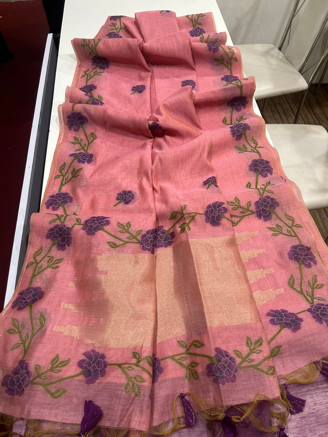 Premium Soft Muga Silk Rose Saree With Blouse Piece