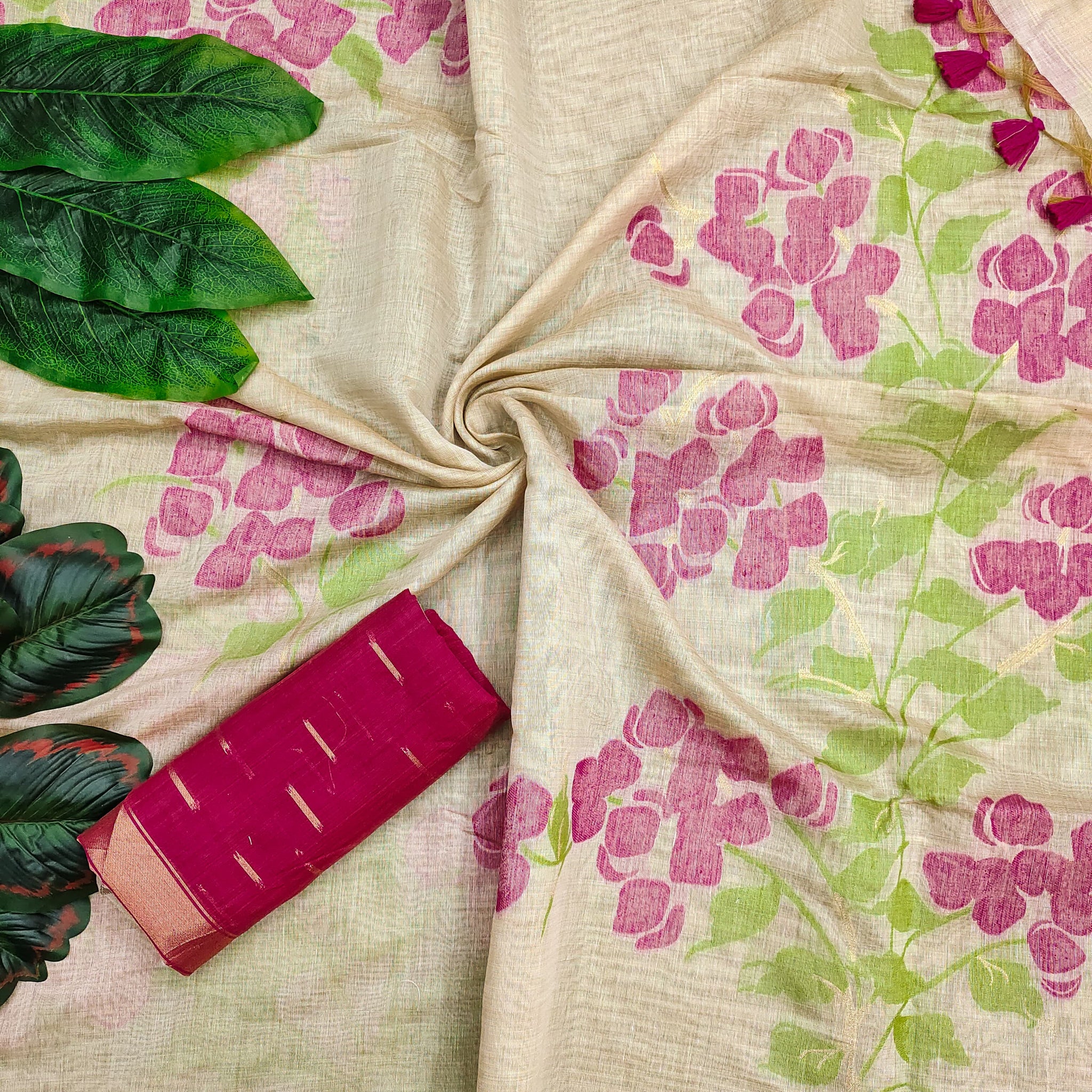 Premium Soft Muga Cotton Offwhite-parrotgreen  Saree