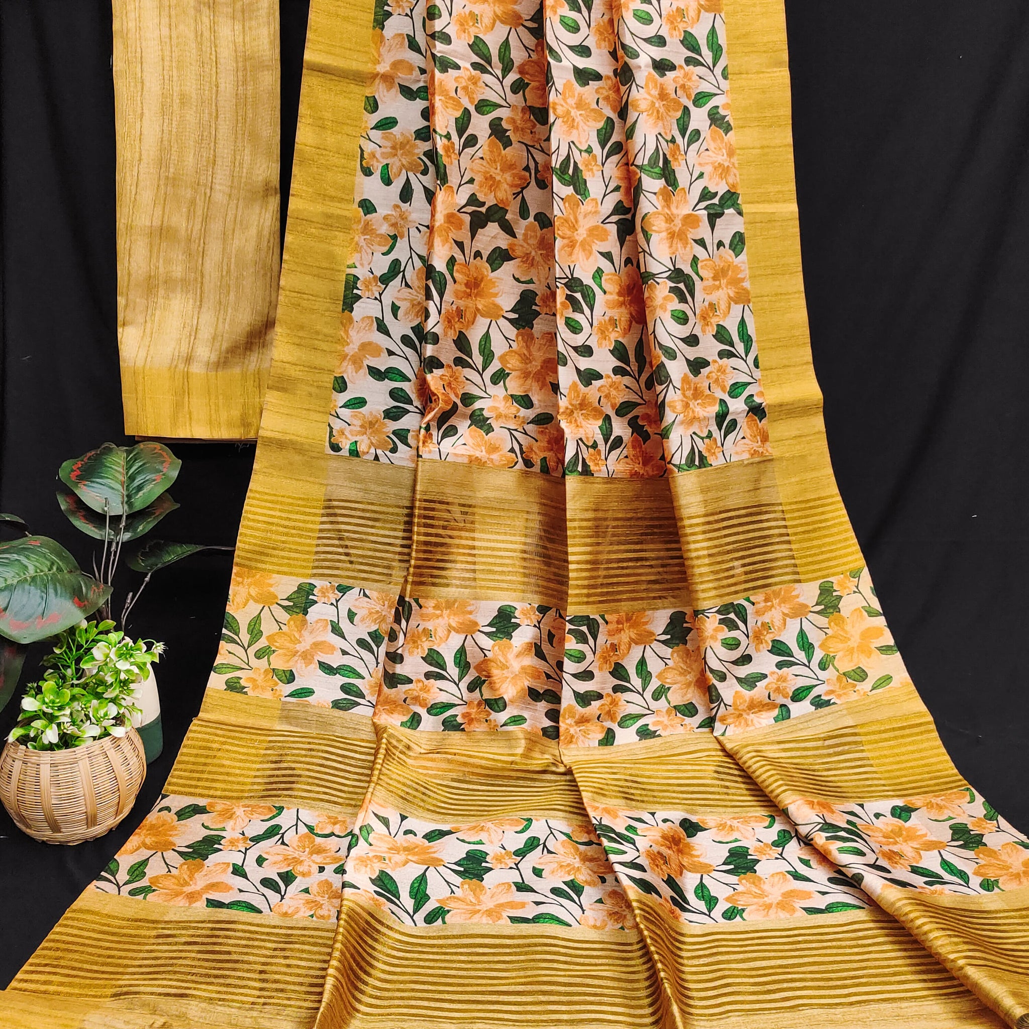 Premium Soft Desi Tussar Silk Yellow Saree