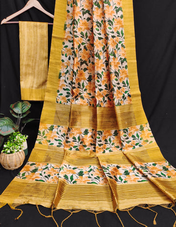 Premium Soft Desi Tussar Silk Yellow Saree