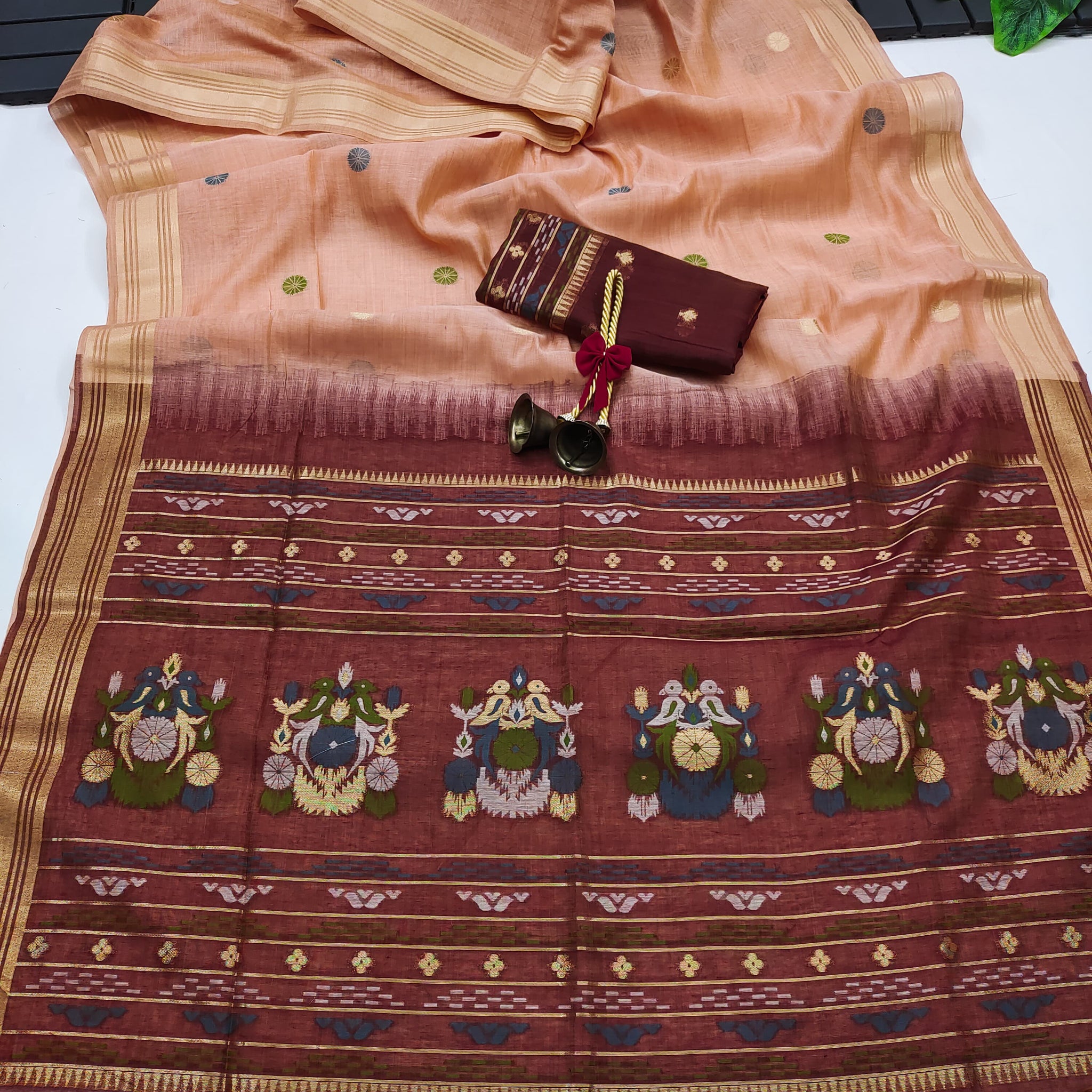 Premium Soft Muga Cotton Pache Saree - Brown Pallu