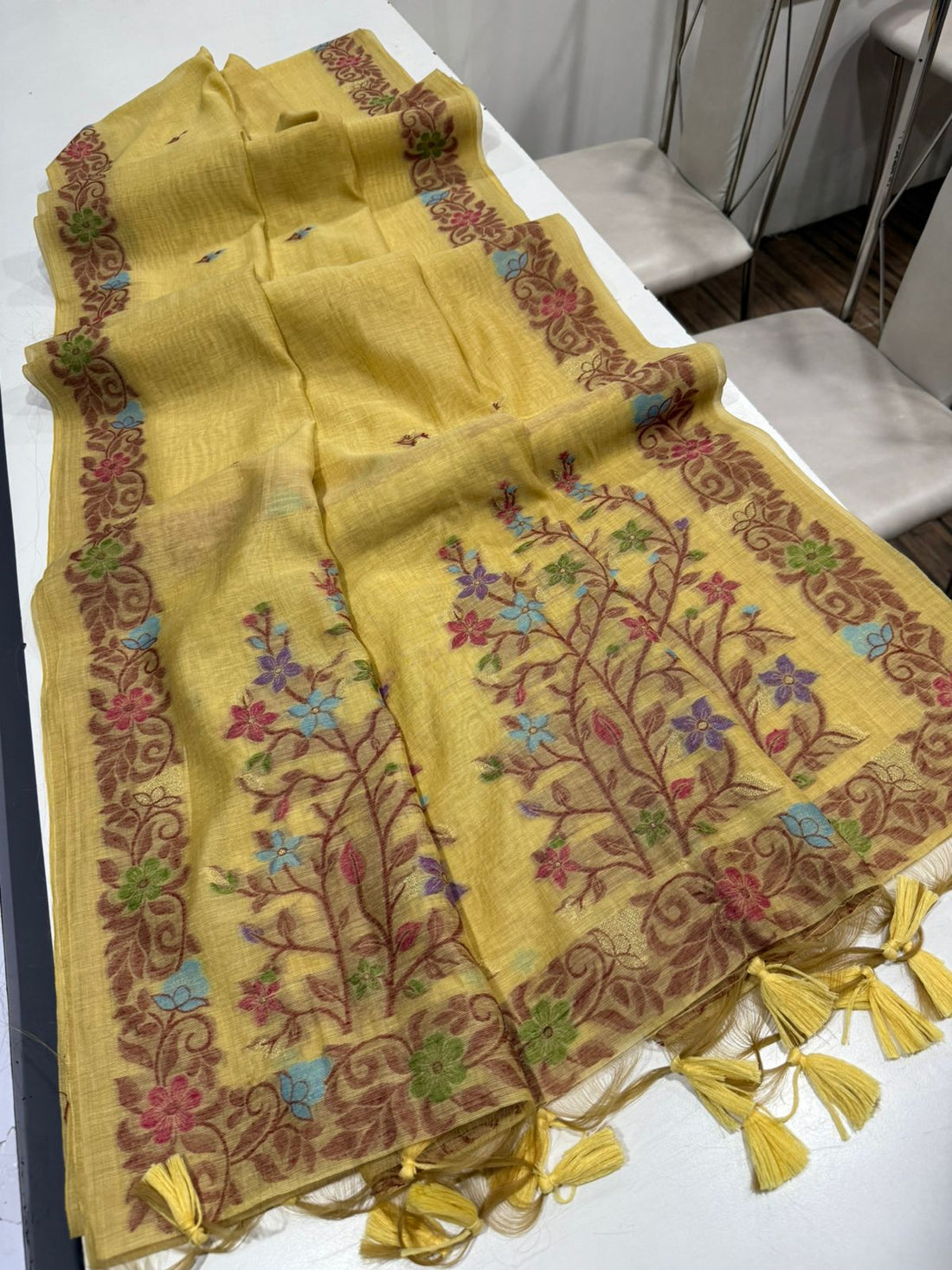 Premium Soft Muga Cotton Yellow Saree