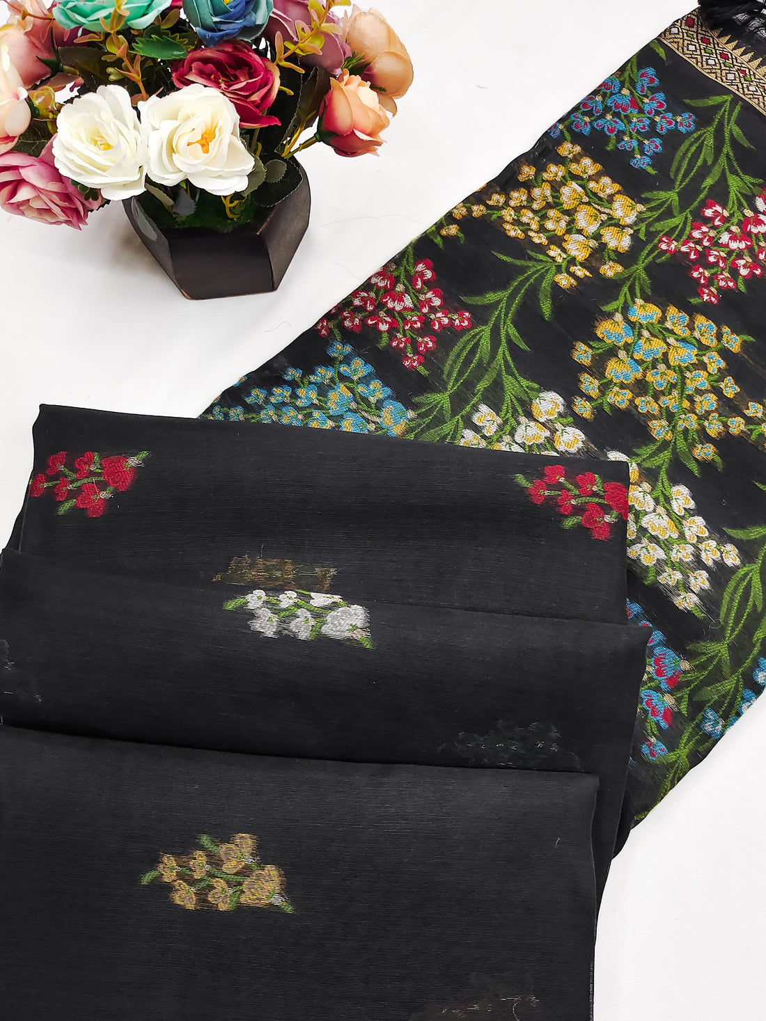 Primium Soft Muga Cotton Bleck Saree