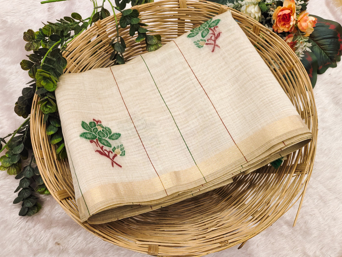 Premium Soft Muga Cotton Offwhite=green Saree