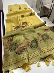 Premium Soft Muga Cotton Yellow Saree
