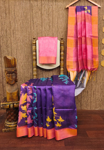 Premium Soft Desi Tussar Silk Pink Saree