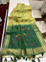 Premium Soft Muga Cotton Green Saree