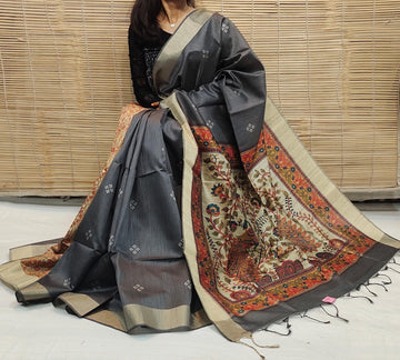 Soft Khadi Raw Silk Chalcoal Gray Saree